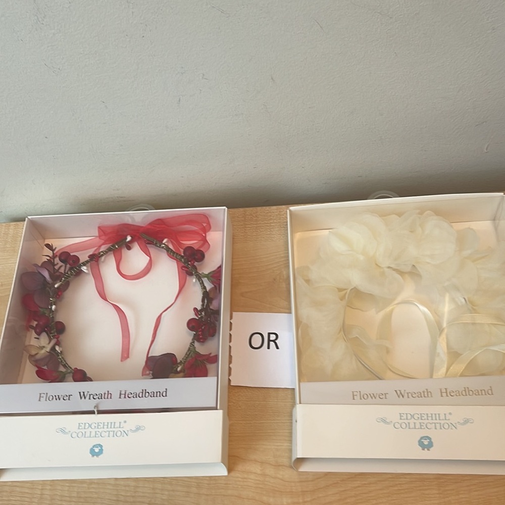 Flower Wreath Headband w/Ribbon - Choice of Ivory OR Berry